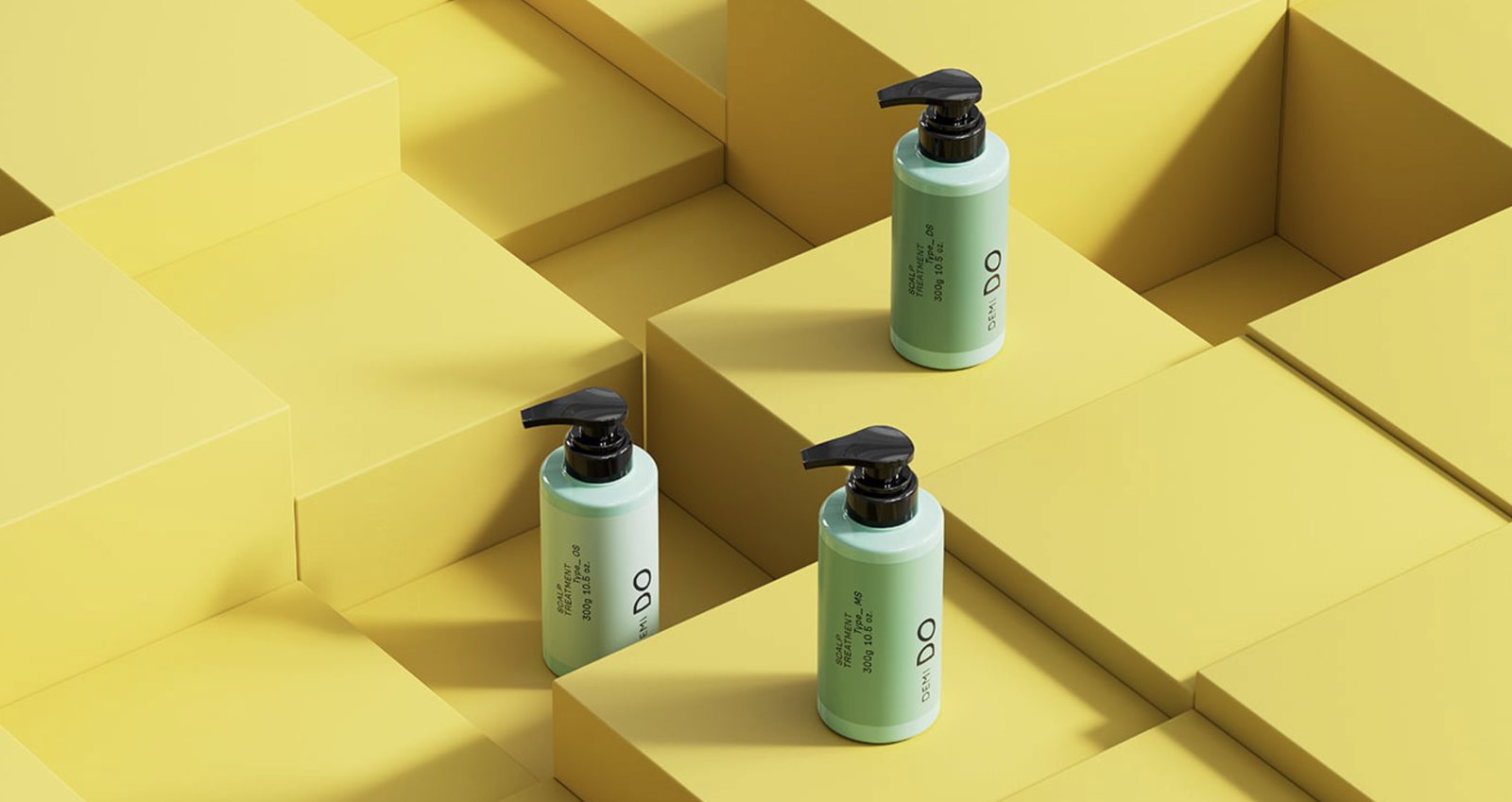 Scalp and hair care bottles arranged on pale yellow blocks